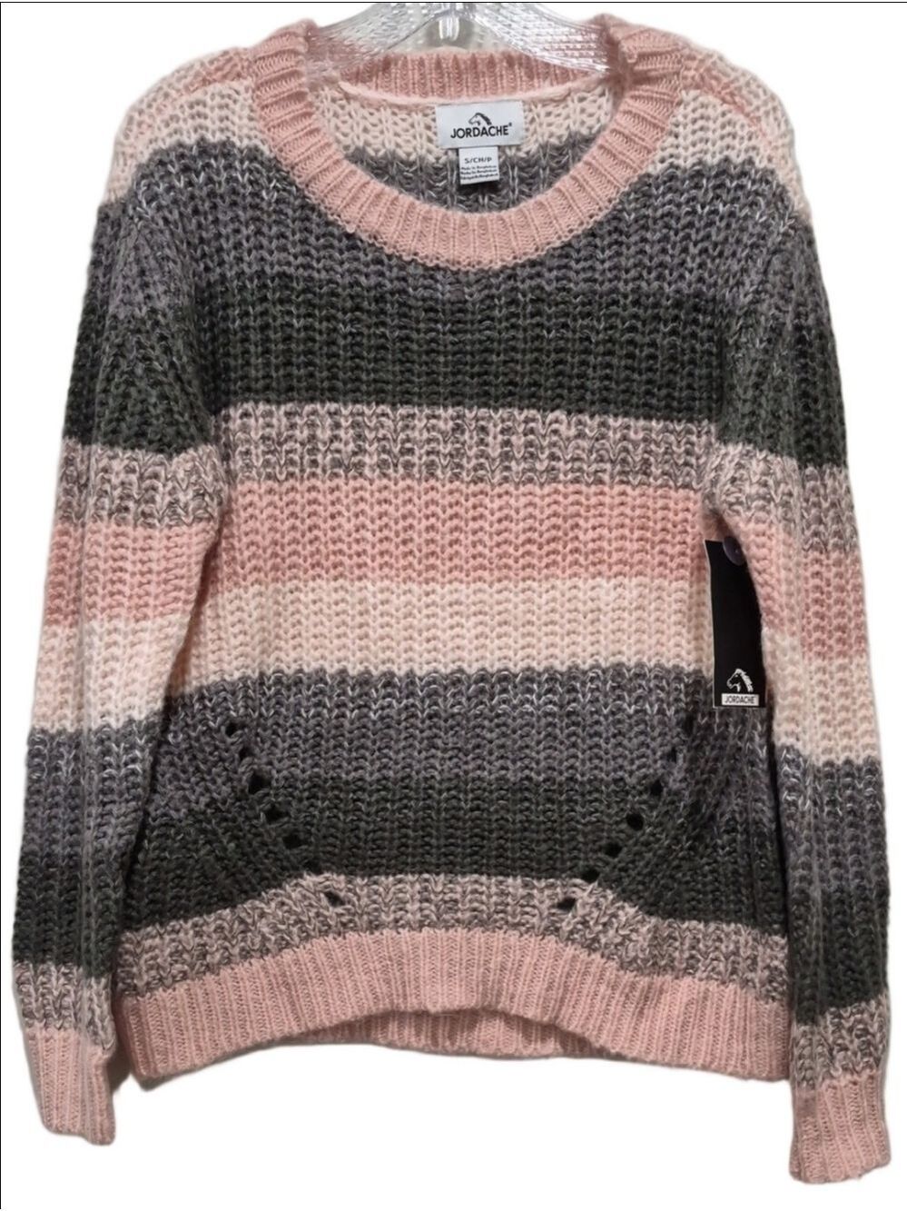 Jordache High-Low Open-Knit Striped Crewneck Sweater Pink & Grey Size S/P